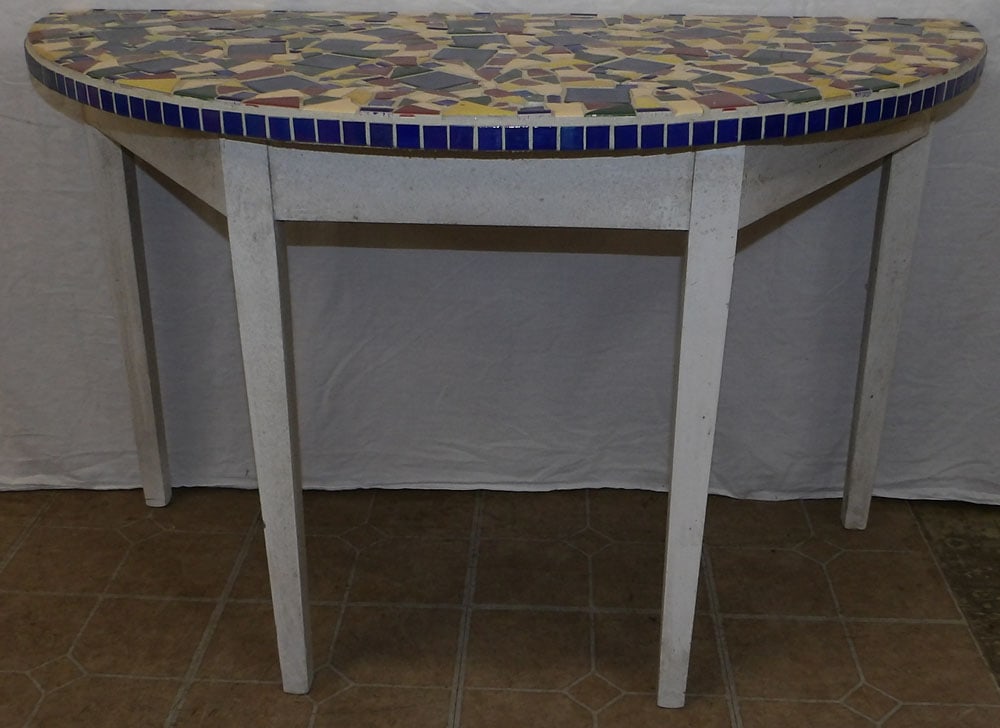 Painted Wood & Tile Top Demi Lune Console (1 of 3)