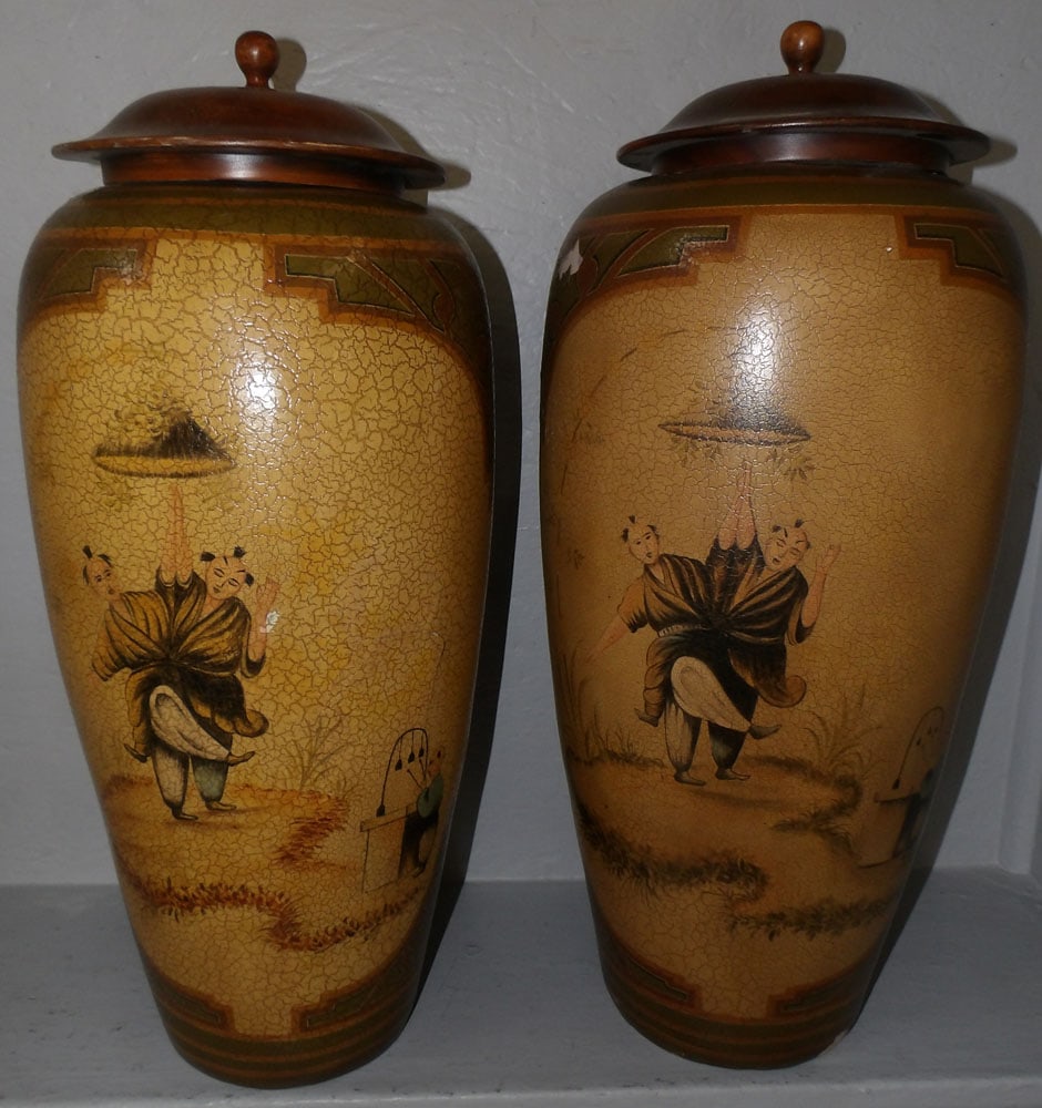 Pair of Oriental Ceramic Painted Vases with Teak Wood Lids (1 of 5)