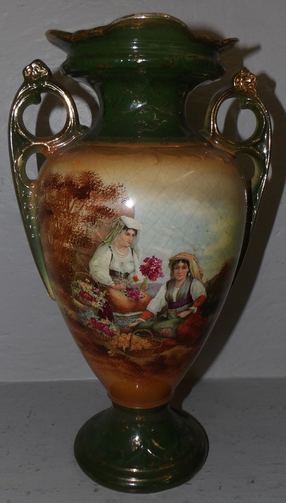 Antique Painted Porcelain Urn Vase: Antique Painted Porcelain Urn Vase . 13 1/2" H ALL DESCRIPTIONS AND ANY CONDITION STATEMENT GIVEN BY LANGSTON AUCTION GALLERY ARE STRICTLY OPINIONS AND LANGSTON'S SHALL HAVE NO RESPONSIBILITY FOR ERRO