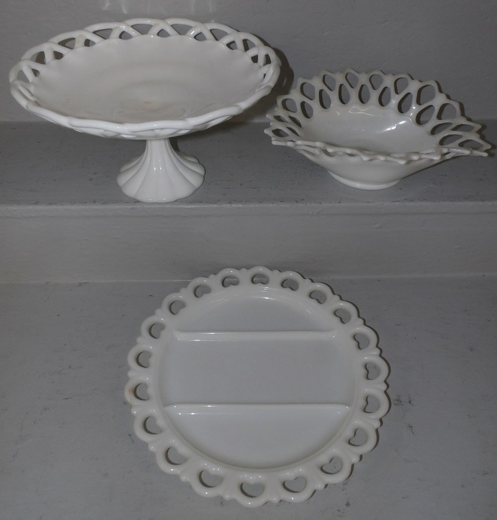 Three Pieces of Open Work Milk Glass (1 of 3)