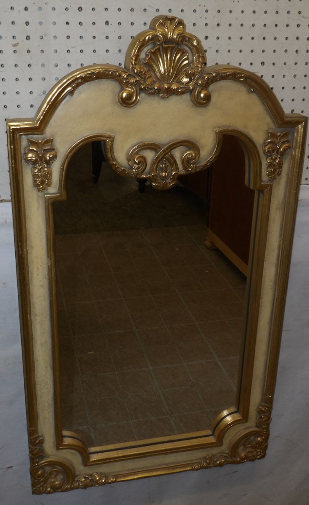 Painted & Gilded Frame Mirror: Painted & Gilded Frame Mirror. 24" x 42 3/4" ALL DESCRIPTIONS AND ANY CONDITION STATEMENT GIVEN BY LANGSTON AUCTION GALLERY ARE STRICTLY OPINIONS AND LANGSTON'S SHALL HAVE NO RESPONSIBILITY FOR ERRORS