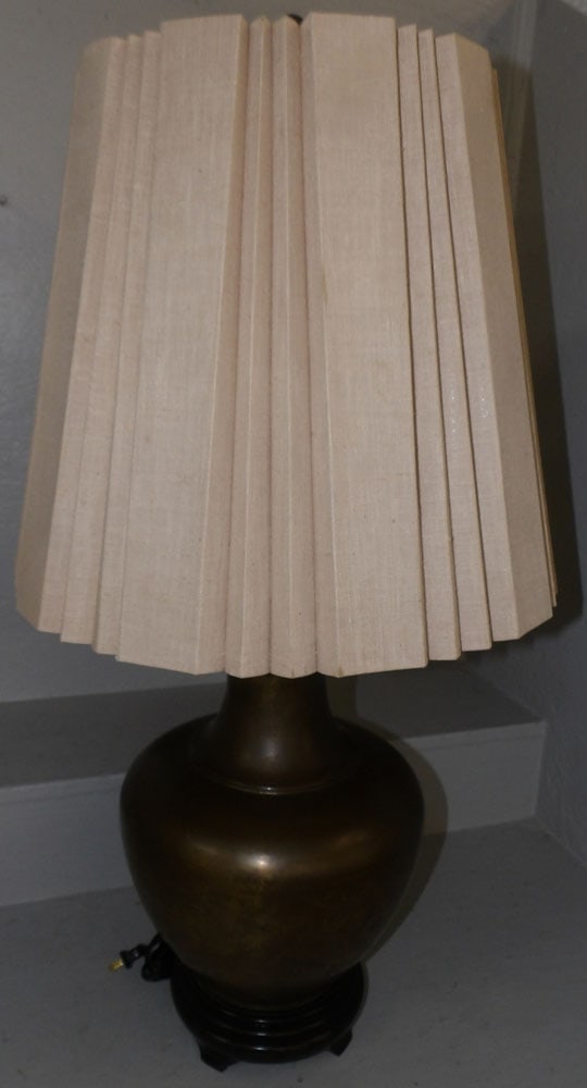 Brass Vase Made Into Lamp: Brass Vase Made Into Lamp. 35" H ALL DESCRIPTIONS AND ANY CONDITION STATEMENT GIVEN BY LANGSTON AUCTION GALLERY ARE STRICTLY OPINIONS AND LANGSTON'S SHALL HAVE NO RESPONSIBILITY FOR ERRORS OR OMISSION