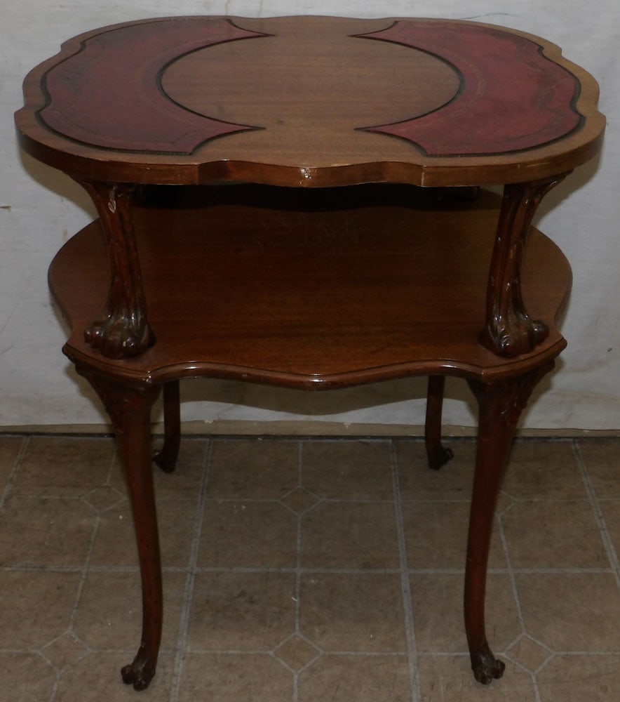 Mahogany & Tooled Leather Top Two Tier Table (1 of 5)