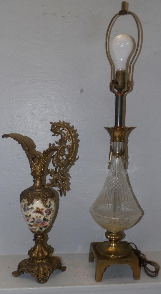 Brass & Crystal Lamp & Porcelain Gilded Metal Ewer: Brass & Crystal Lamp & Porcelain Gilded Metal Ewer. Up to 34 3/4" H ALL DESCRIPTIONS AND ANY CONDITION STATEMENT GIVEN BY LANGSTON AUCTION GALLERY ARE STRICTLY OPINIONS AND LANGSTON'S SHALL HAVE NO RE
