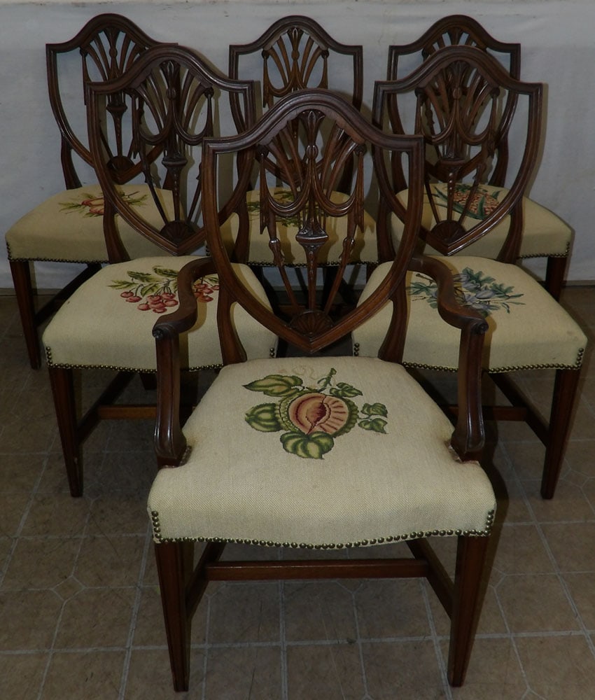 Set of Six Mahogany Shield Back Dining Chairs with Needlepoint Seats (1 of 5)