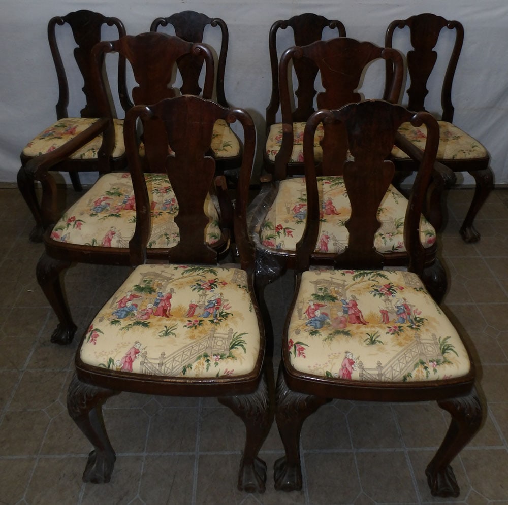 Set of Six Walnut Dining Chairs with Ball & Claw Feet, (Some As Is) (1 of 7)