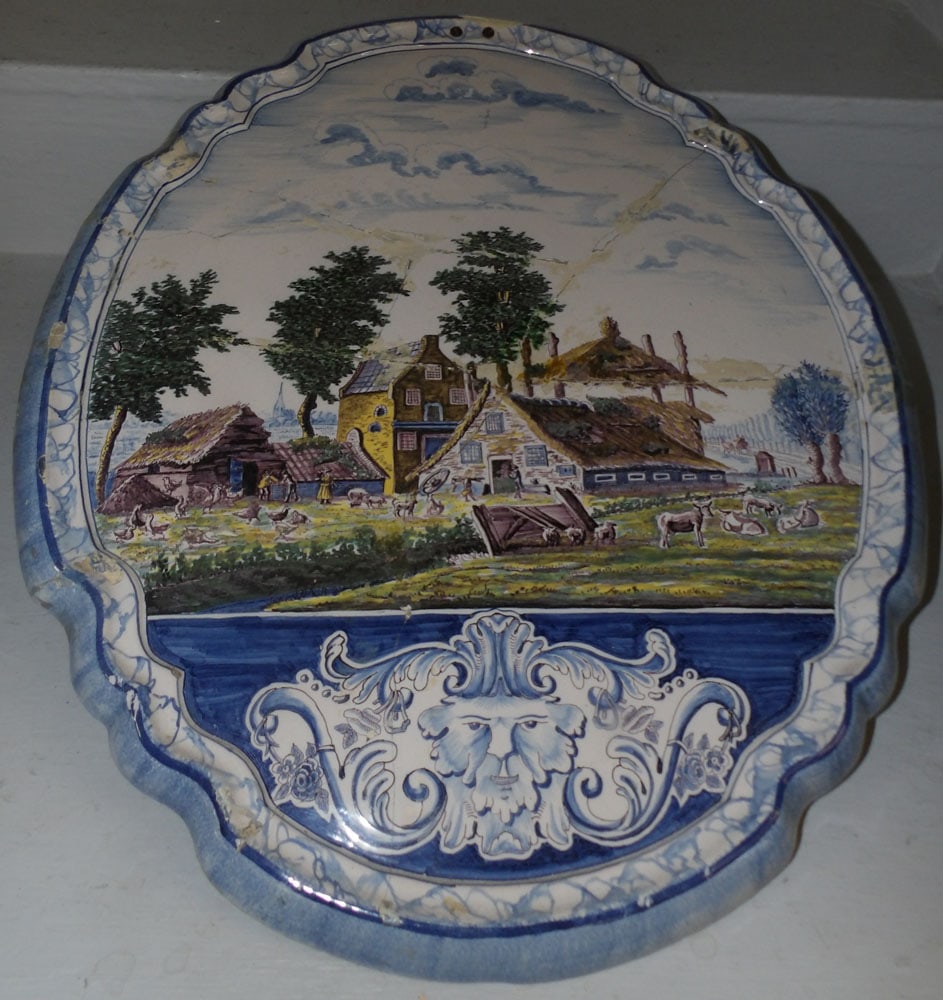 Antique Hand Painted Delft Wall Plaque, Restored (1 of 4)