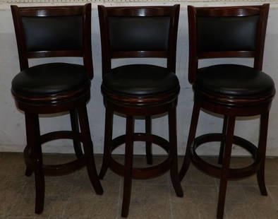 Three Modern Cherry & Faux Leather Swivel Bar Stools: Three Modern Cherry & Faux Leather Swivel Bar Stools . 43" H ALL DESCRIPTIONS AND ANY CONDITION STATEMENT GIVEN BY LANGSTON AUCTION GALLERY ARE STRICTLY OPINIONS AND LANGSTON'S SHALL HAVE NO RESPONSIB