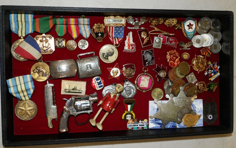 Lot of Vintage Pins, Foreign Coins, Belt Buckels, & Metal Items: Lot of Vintage Pins, Foreign Coins, Belt Buckels, & Metal Items . ALL DESCRIPTIONS AND ANY CONDITION STATEMENT GIVEN BY LANGSTON AUCTION GALLERY ARE STRICTLY OPINIONS AND LANGSTON'S SHALL HAVE NO RESP
