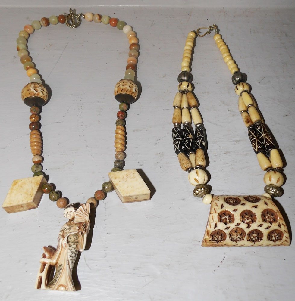 Two Ladies Carved Bone Necklaces, (One with Stone Beads): Two Ladies Carved Bone Necklaces, (One with Stone Beads). ALL DESCRIPTIONS AND ANY CONDITION STATEMENT GIVEN BY LANGSTON AUCTION GALLERY ARE STRICTLY OPINIONS AND LANGSTON'S SHALL HAVE NO RESPONSIBILI