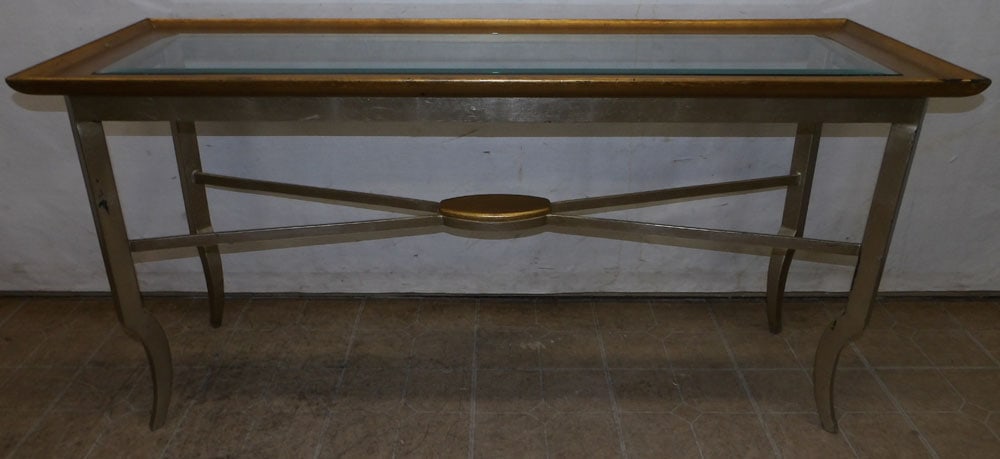 Painted Metal & Glass Top Console: Painted Metal & Glass Top Console. 60 1/2" L 20 1/2" D 30" H ALL DESCRIPTIONS AND ANY CONDITION STATEMENT GIVEN BY LANGSTON AUCTION GALLERY ARE STRICTLY OPINIONS AND LANGSTON'S SHALL HAVE NO RESPONSIB