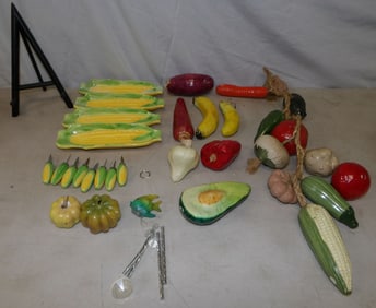 lot of painted ceramic and painted paper mache decorative kitchen items