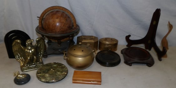 lot of metal and wood decorative items