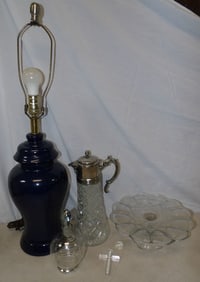 lot of glass cake stands, silver plated and glass ewer, porcelain lamp
