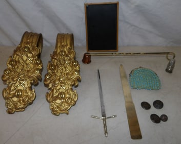 lot of metal and brass items and small beaded coin bag