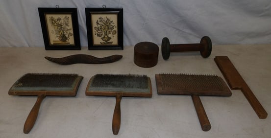 lot of wooden items and 2 small prints