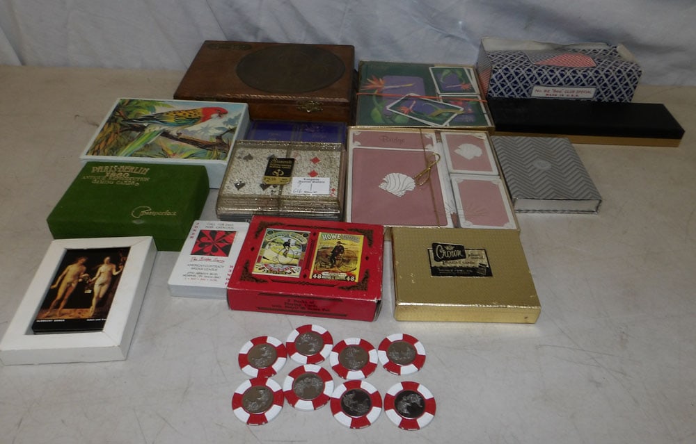 lot of vintage playing cards: lot of vintage playing cards. "ALL DESCRIPTIONS AND ANY CONDITION STATEMENT GIVEN BY LANGSTON AUCTION GALLERY ARE STRICTLY OPINIONS AND LANGSTON'S SHALL HAVE NO RESPONSIBILITY FOR ERRORS OR OMISSIONS.
