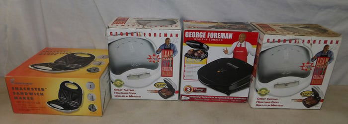 lot of kitchen items 3 George Foreman grills and one sandwich maker