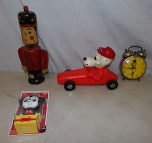 lot of vintage toys including Mr. Peanut alarm clock