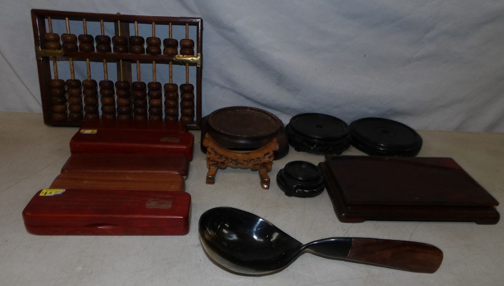 lot of oriental wood stands and teakwood pens in original case (1 of 3)