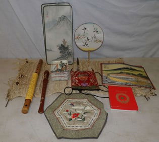 lot of oriental water colors silk embroiders and misc. decorative items