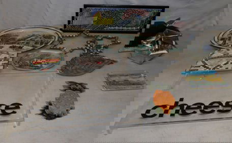 lot of painted metal stain glass and tile decorative items