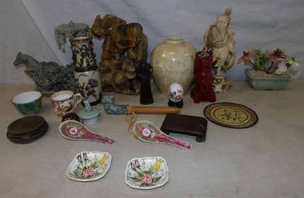 lot of oriental carved stone, porcelain , jade and resin items