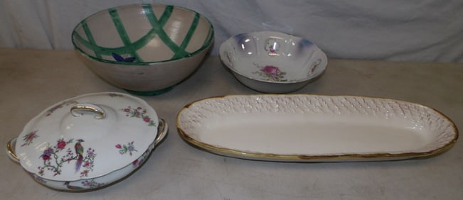 Limoges porcelain dish, hand painted porcelain bowls and two pottery bowls