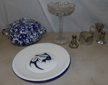 Lot of Enamelware, Cut Glass Tazza, & Silver Overlaid Glass Items