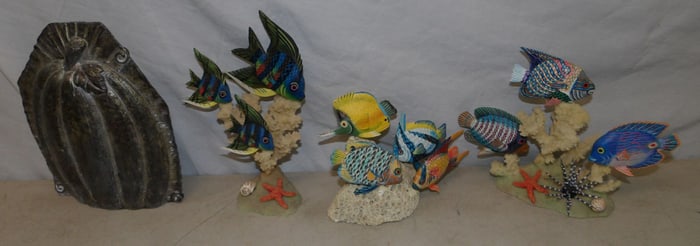 3 hand painted carved wood and resin homebound studios fish sculptures