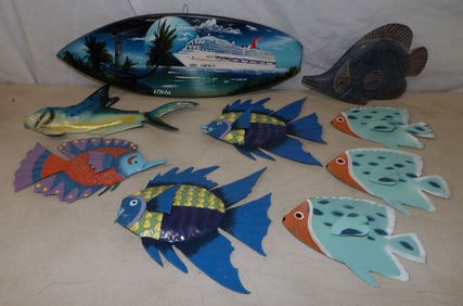lot of painted wood and painted metal beach decorative items