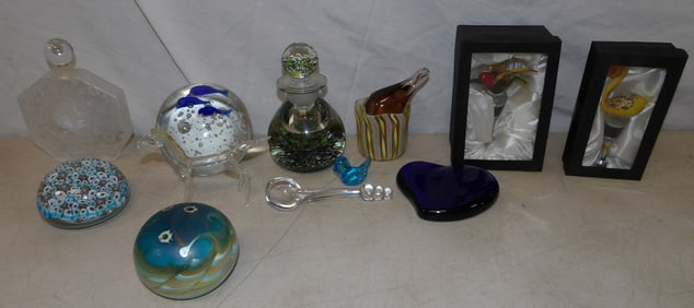 lot of art glass paper weights scent bottles and misc. items