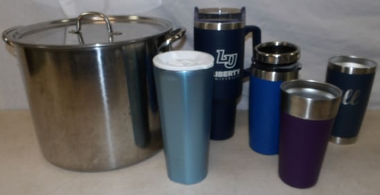 lot of stainless steel tumblers and pot with lid