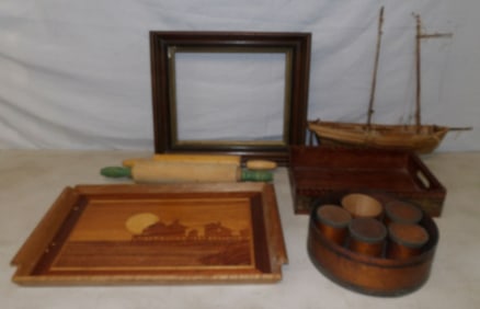 lot of wooden items and leather tray