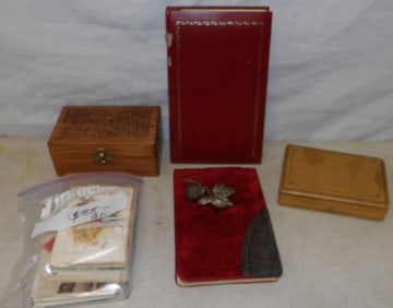 lot of vintage postcards , Victorian, leather box and teakwood box