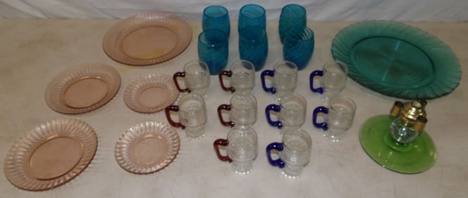 lot of colored glass items
