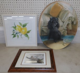 2 framed prints and unframed pastel of poodle signed and dated by artist