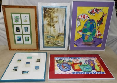 2 framed prints, 2 framed watercolors, and framed oil on canvas