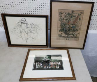 framed hand colored month engraving, framed drawing signed by the artist, & framed photo