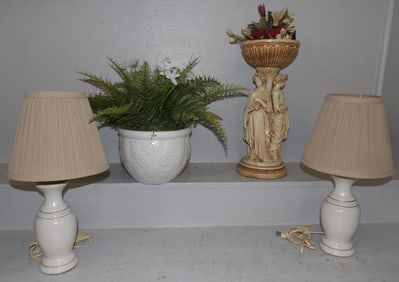 pair of porcelain lamps, porcelain jardiniere, & painted ceramic figural compote