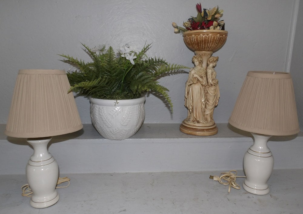 pair of porcelain lamps, porcelain jardiniere, & painted ceramic figural compote (1 of 8)