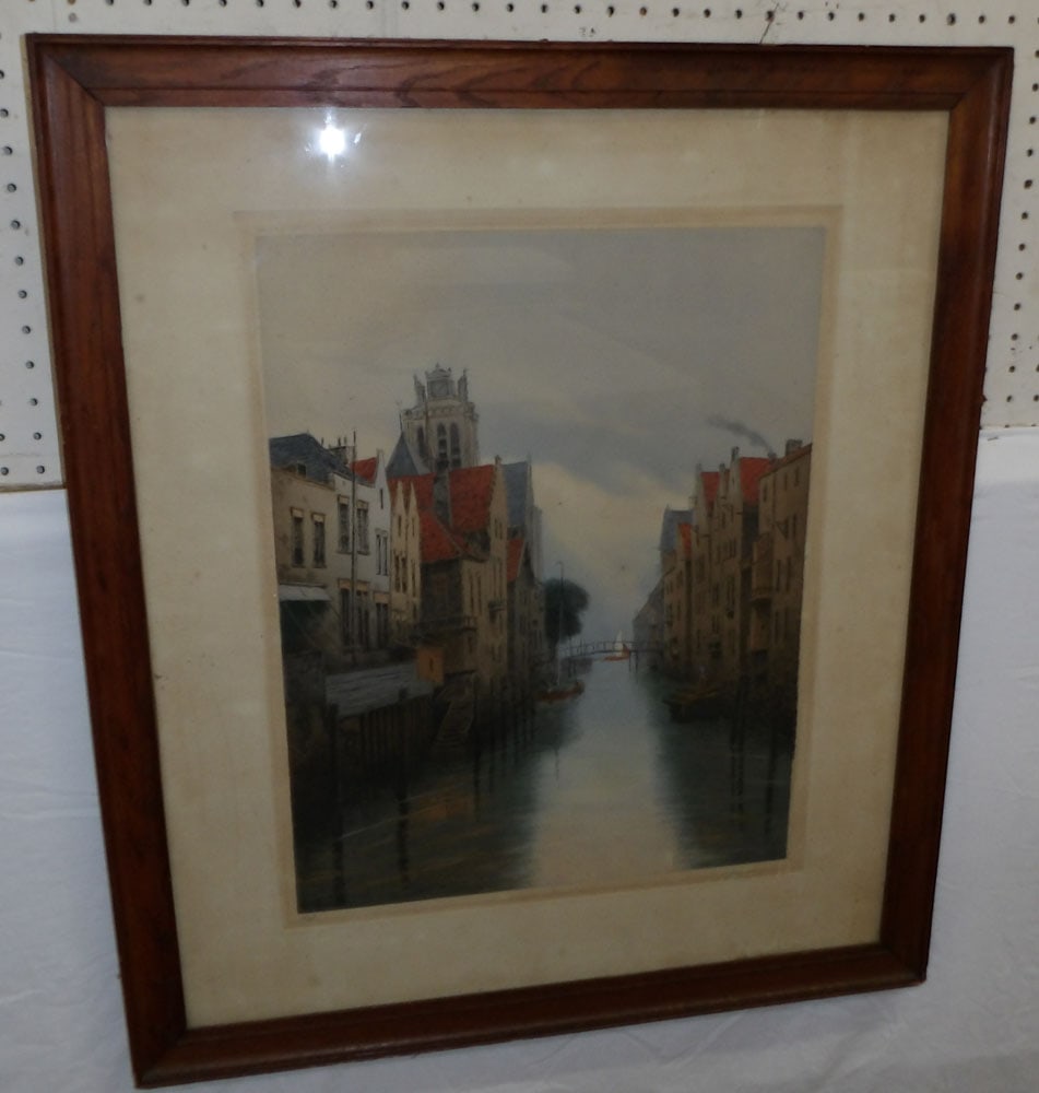 antique oak frame hand colored engraving signed by artist (1 of 6)