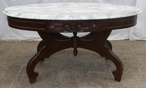 carved cherry oval marble top coffee table