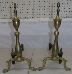 pair of wrought iron andirons, pair of brass andirons, & an antique bellow