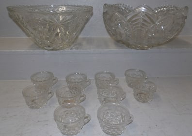 cake stand, signed Stewart bowl, 2 glass punch bowls and cups