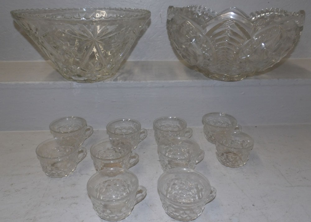 cake stand, signed Stewart bowl, 2 glass punch bowls and cups: cake stand, signed Stewart bowl, 2 glass punch bowls and cups. 14 1/4 D and 71/2 H "ALL DESCRIPTIONS AND ANY CONDITION STATEMENT GIVEN BY LANGSTON AUCTION GALLERY ARE STRICTLY OPINIONS AND LANGSTON'S