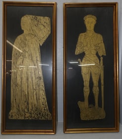 pair of framed behind glass brass rubbings