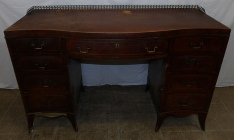 mahogany inlaid ladies desk with brass gallery