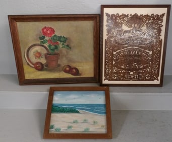 two framed oil on boards and one walnut panel