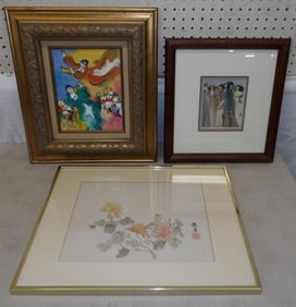 2 framed prints and one oil on board